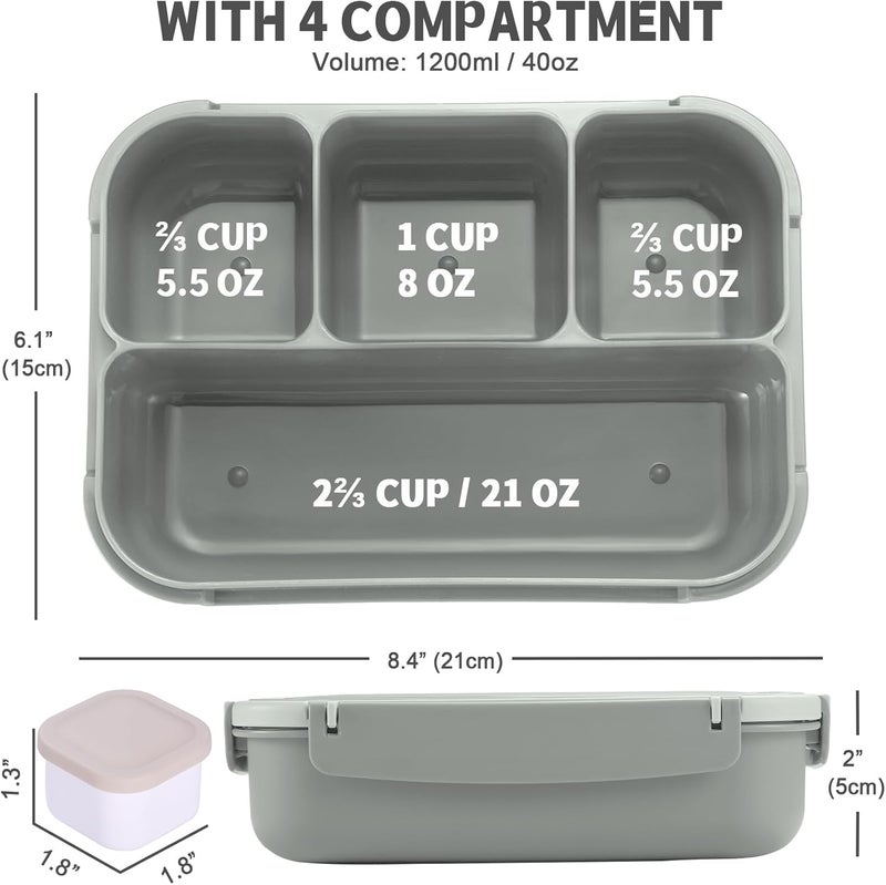 shell and turtle Bento Box Adult Lunch Box, Lunch Containers for Kids Girls Boys with 4 Compartments, Lunchable Food Container with Utensils, Sauce Jar, Muffin Liners, 40 Oz/5 Cup, Microwave & Dishwasher Safe, Gray - Image 2